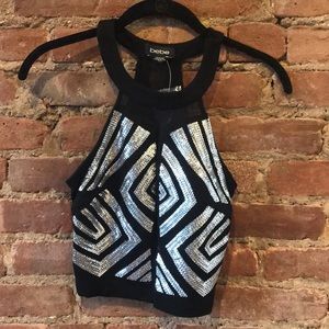 bebe Sequin & Mesh Crop Top